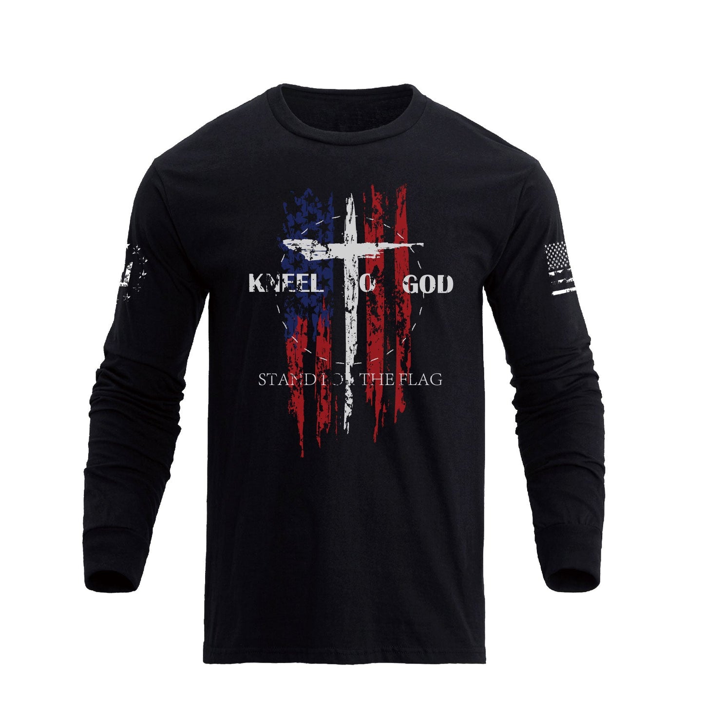 Men's 100% Cotton American Flag with Cross Graphic Round Neck Long Sleeve T-Shirts