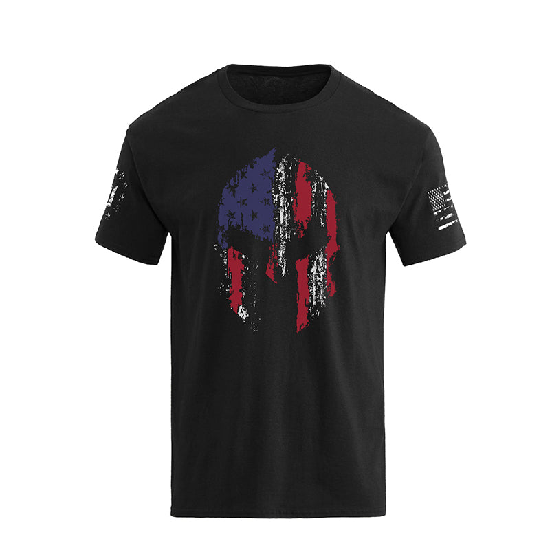 Men's Spartan Helmet American Flag Overlay Graphic Short Sleeve T-Shirt