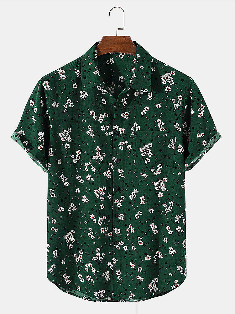 Mens All Over Floral Print Green Short Sleeve Lapel Holiday Shirt