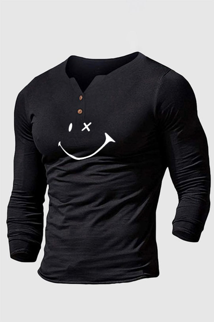 Henley Collar Solid Color Smiley Long Sleeve T-Shirt