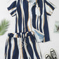 Mens Holiday Striped Chest Pocket Lapel Short Sleeve Drawstring Shorts Two Pieces Outfits