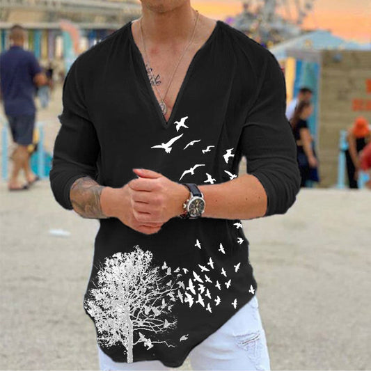 Pre-sale Men's casual V-neck flying bird print T-shirt