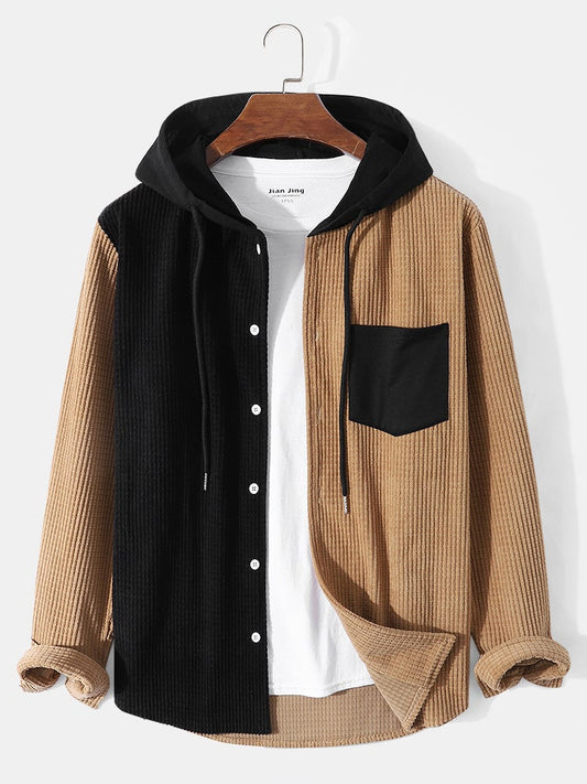 Mens Corduroy Two Tone Patchwork Preppy Drawstring Hooded Shirts