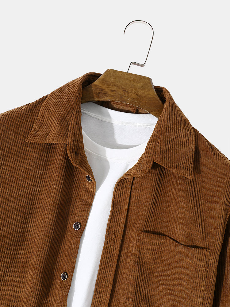 Mens Solid Lapel Corduroy Basics Long Sleeve Shirts With Pocket