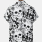 Mens All Over Skull Floral Print Lapel Short Sleeve Halloween Shirts