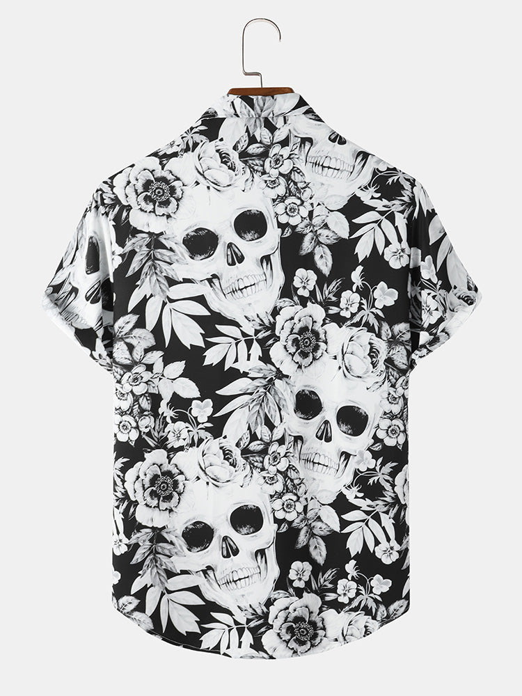 Mens All Over Skull Floral Print Lapel Short Sleeve Halloween Shirts