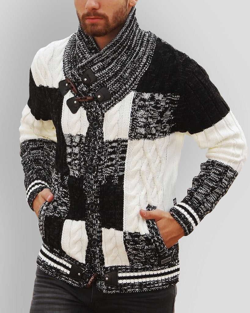 Men's Winter Cardigan with Chunky Knit Patchwork with High Collar