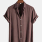 Mens Pure Color Lapel Button Up Cotton Basics Short Sleeve Shirts