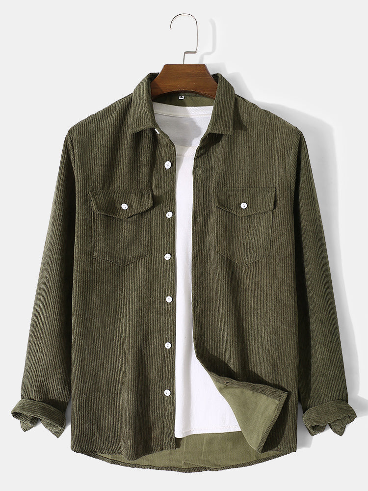 Mens Corduroy Solid Color Lapel Button Up Basics Long Sleeve Shirts