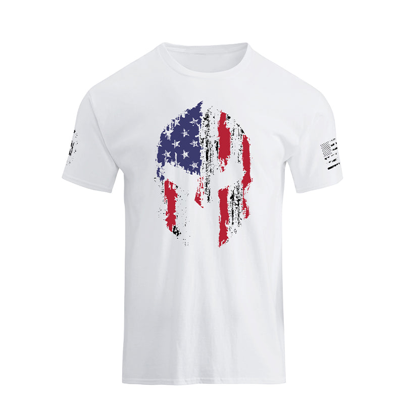 Men's Spartan Helmet American Flag Overlay Graphic Short Sleeve T-Shirt