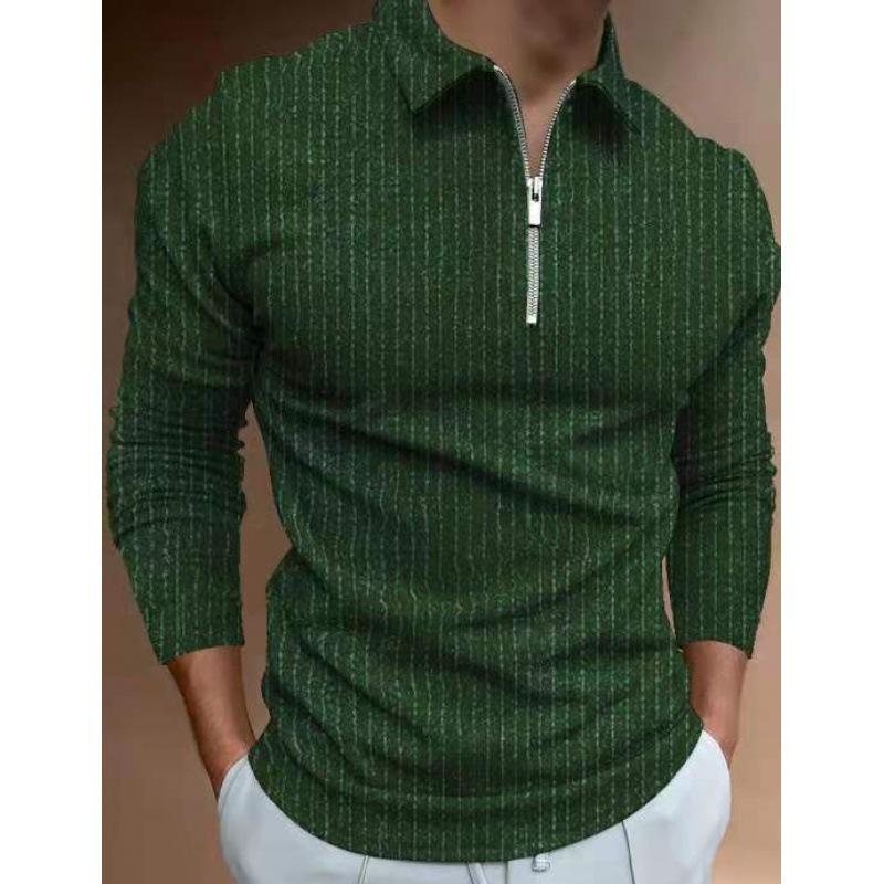 Mens Zip Striped Long Sleeve POLO Shirt