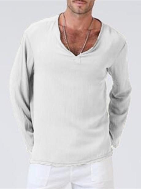 Linen ethnic style loose men's V-neck solid color long-sleeved t-shirt