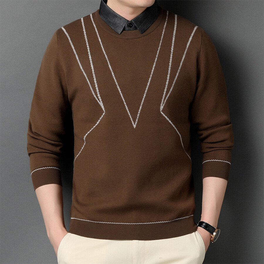 Men&#039;s Casual Knit Sweater Fake Two-Piece Top Black L