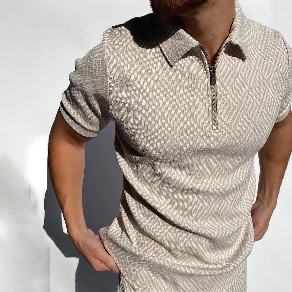 Herringbone Jacquard Zip-up Polo Shirt