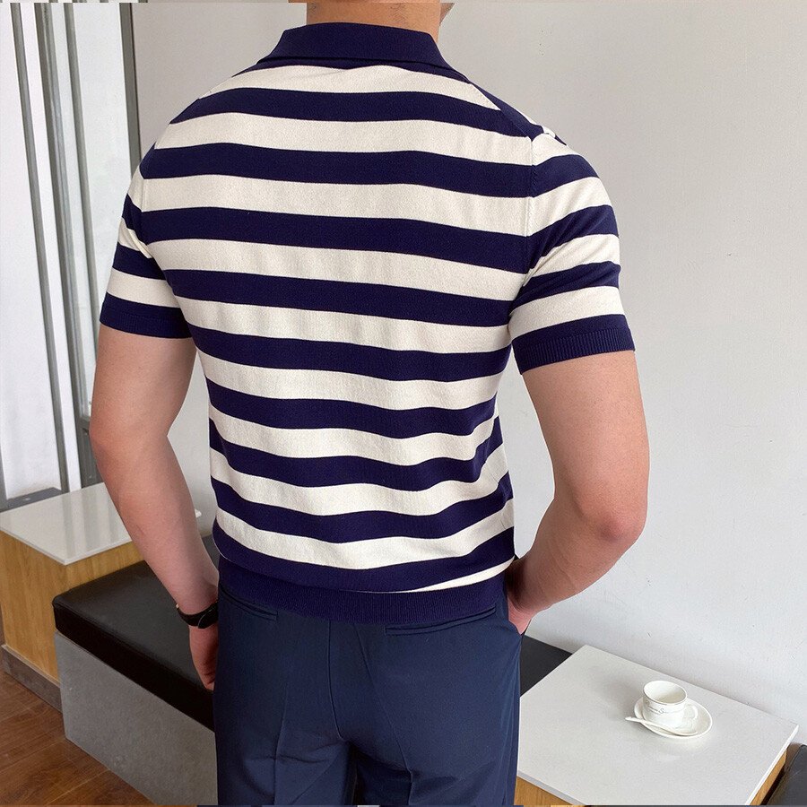 Men&#039;s Casual Striped Short Sleeve Knit T-Shirt Dark Blue 2XL