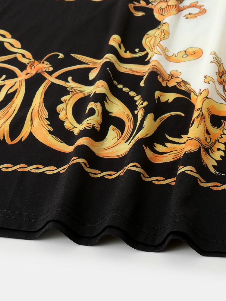 Mens Ethnic Baroque Pattern Short Sleeve Black Two Piece Outfits