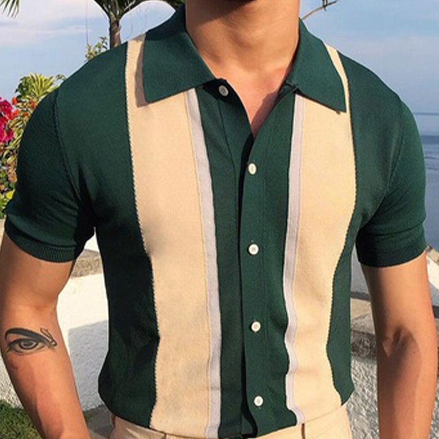 Men&#039;s striped color-block short-sleeved sweater T-shirt Green M