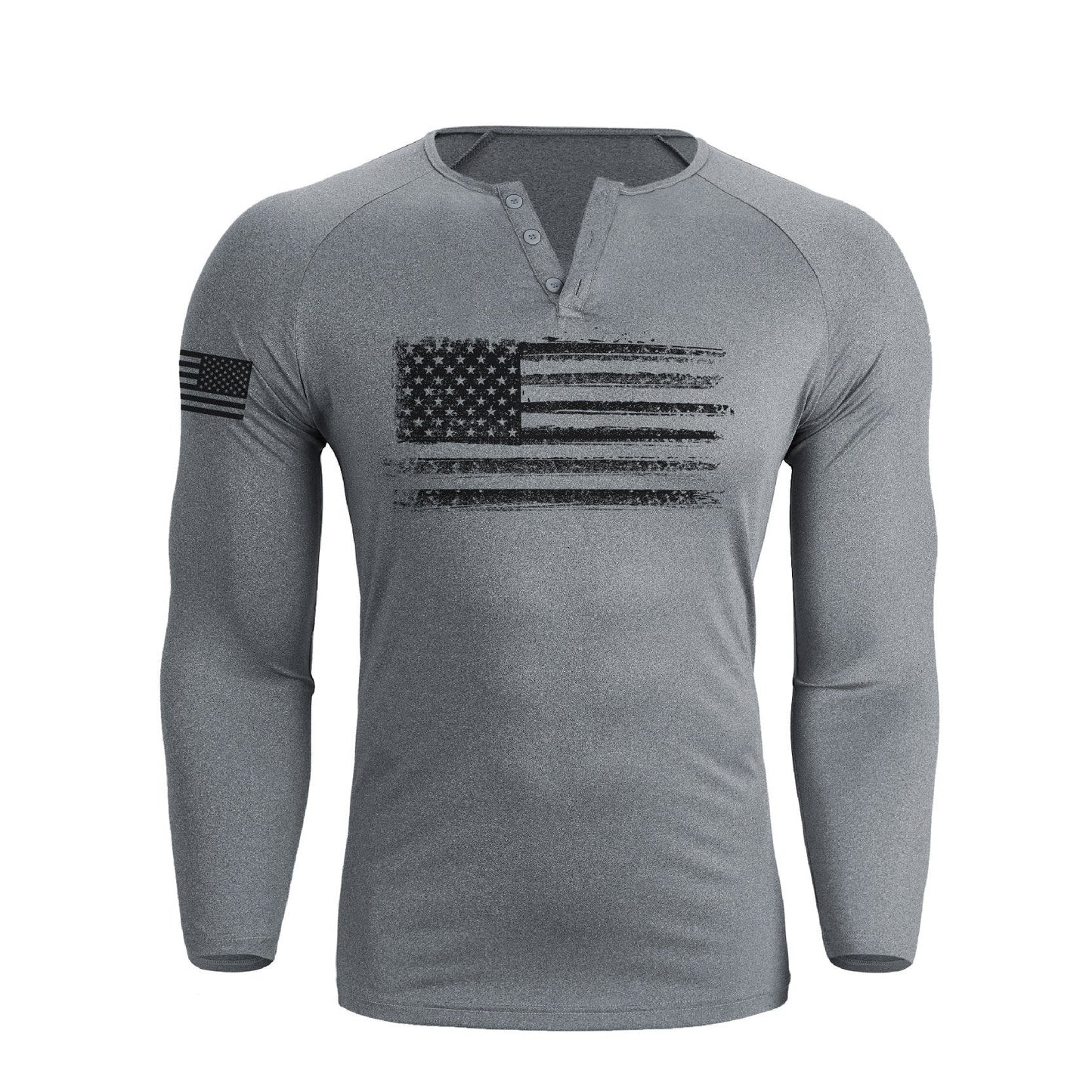 Men's American Flag Regular Fit 1/4 Button V-neck Long Sleeve T-shirts