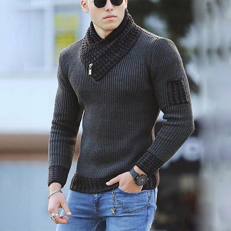 Men Two-tone Patch Collar Scarf Sweater