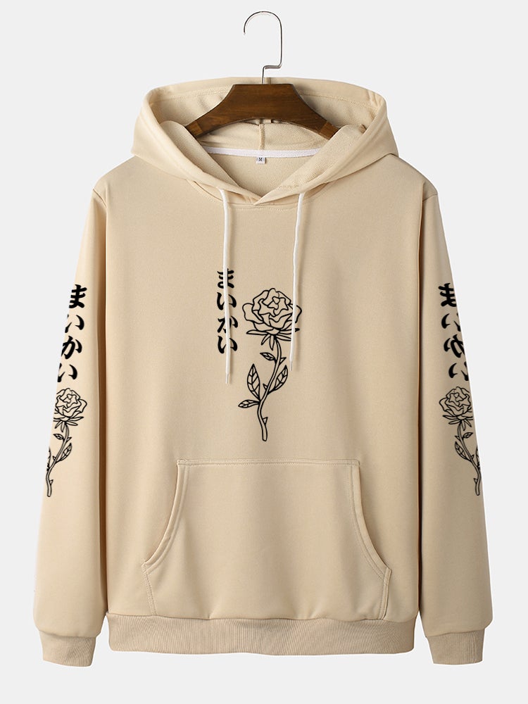 Mens Rose Japanese Print Cotton Drawstring Hoodies With Kangaroo Pocket