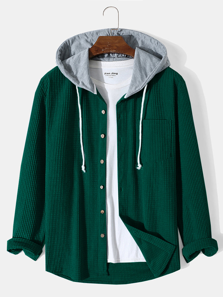 Mens Solid Color Corduroy Long Sleeve Contrast Drawstring Hooded Shirts