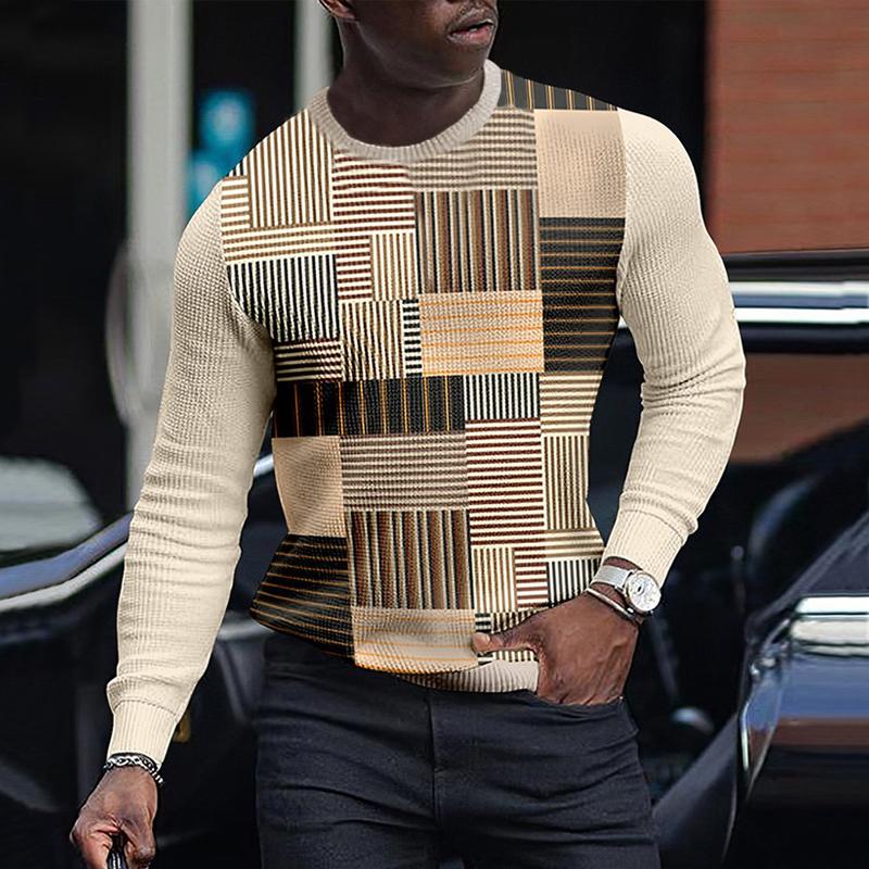 LONG SLEEVE FASHION CONTRAST COLOR ROUND NECK MEN'S TOP