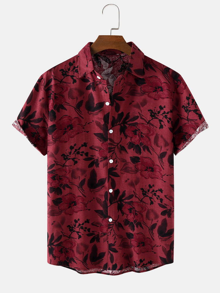 Mens Flower Plant Print Lapel Holiday Short Sleeve Shirts