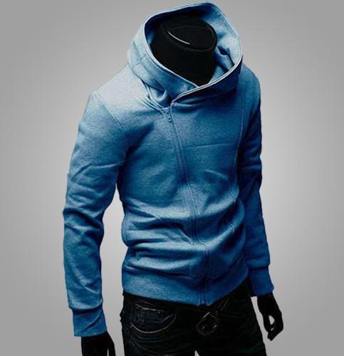 Side Zip Up Long Sleeve Plain Neck Hoodie For Men