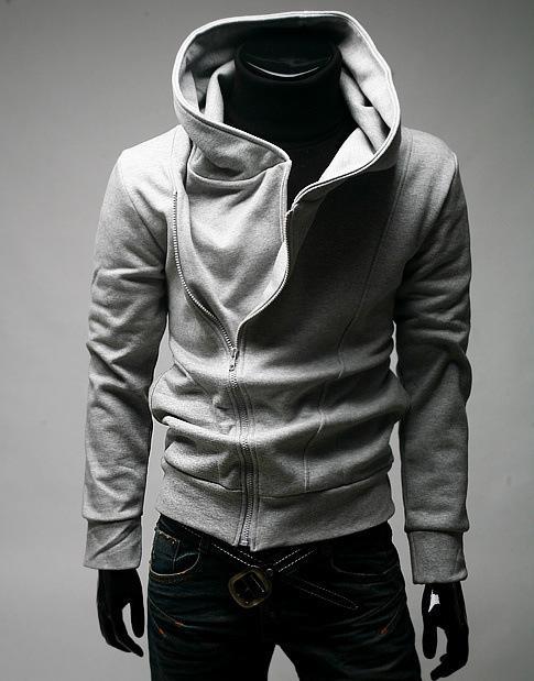 Side Zip Up Long Sleeve Plain Neck Hoodie For Men