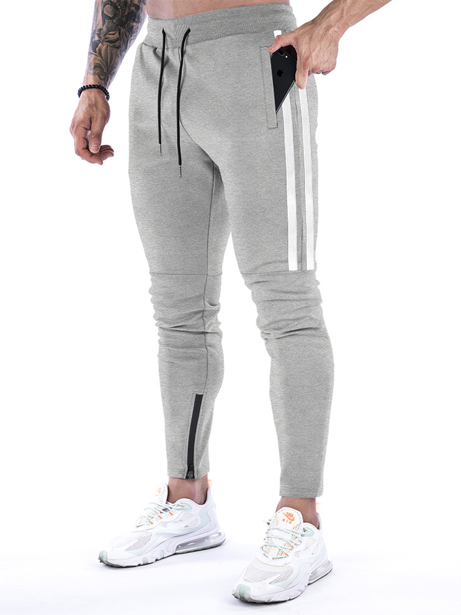 Men's Slim Stretch Waist Two-Bar Striped Print Sweatpants Light Grey S