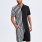 Mens Patchwork Stripe Pocket Drawstring Short Sleeve Two Piece Outfits