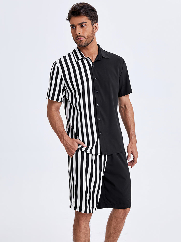 Mens Patchwork Stripe Pocket Drawstring Short Sleeve Two Piece Outfits