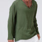 Linen ethnic style loose men's V-neck solid color long-sleeved t-shirt