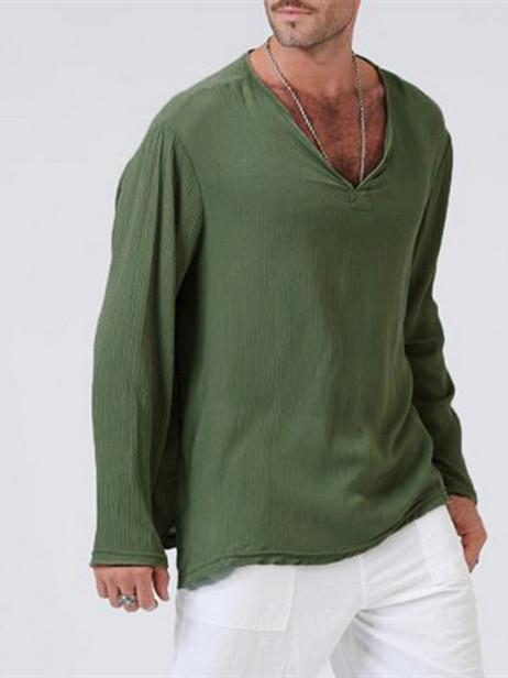 Linen ethnic style loose men's V-neck solid color long-sleeved t-shirt