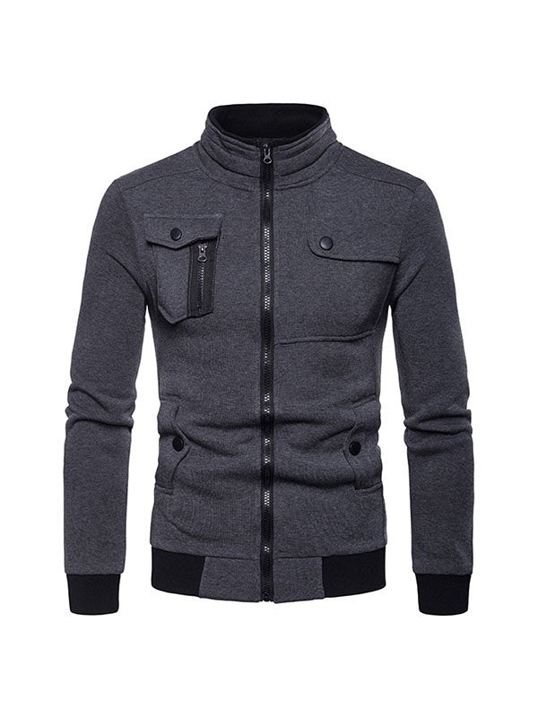 Men's Casual Stand-Collar Multi-Pocket Zipper Cardigan Top