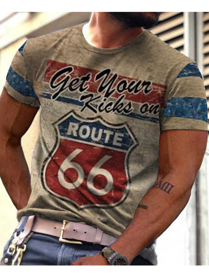 Men's Route 66 Cultural Graphic Print Round Neck Short Sleeve Tee Black-grey XL