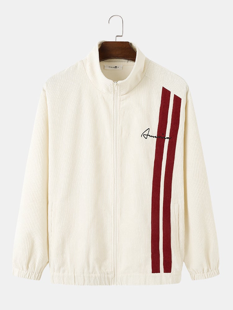 Mens Side Stripe Letter Embroidered Zip Jacket Corduroy Two Pieces Outfits