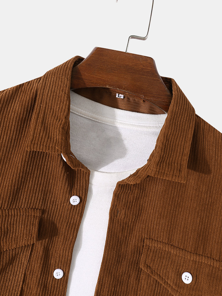 Mens Corduroy Solid Color Lapel Button Up Basics Long Sleeve Shirts