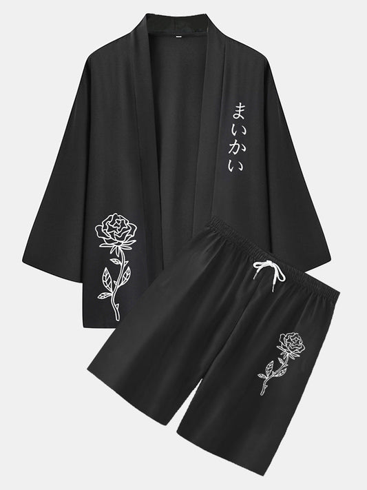 Mens Monochrome Rose Japanese Pirnt Open Front Kimono Two Pieces Outfits