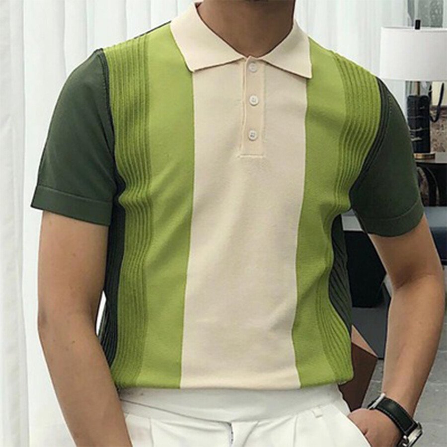 Men&#039;s striped color-block short-sleeved sweater T-shirt Green S