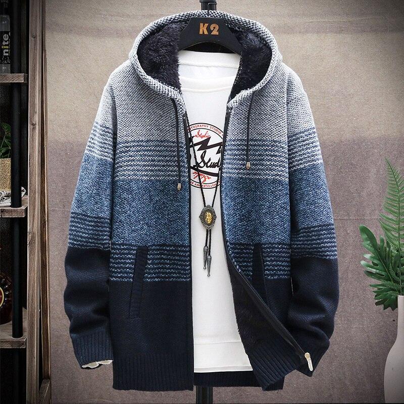 New Winter Zipper Sweater Men Casual Thick Warm Hooded Sweater Cardigan Jumper Men Fashion Inner Fleece Sweatercoat Knit Outwear