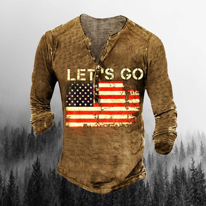 Let's Go Travel Pattern Men'S Outdoor Leisure Henry Long Sleeve