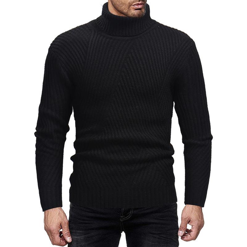 Mens Turtleneck Sweater Solid Color Slim Thick Sweater Knit