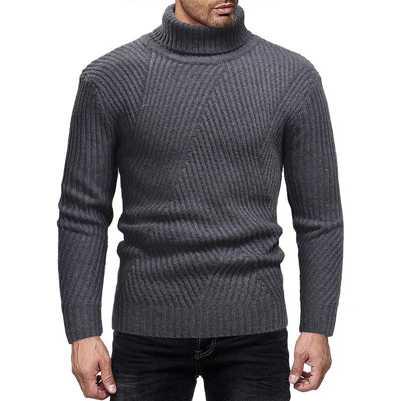 Mens Turtleneck Sweater Solid Color Slim Thick Sweater Knit