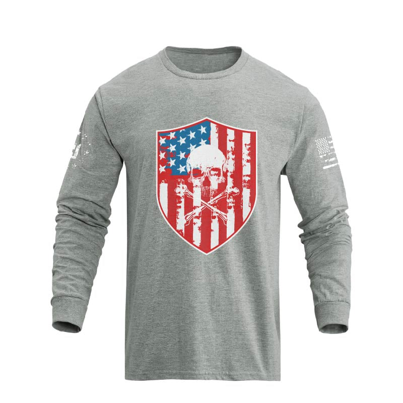 Men's American Flag Shield with Skull Long Sleeve Graphic T-Shirt