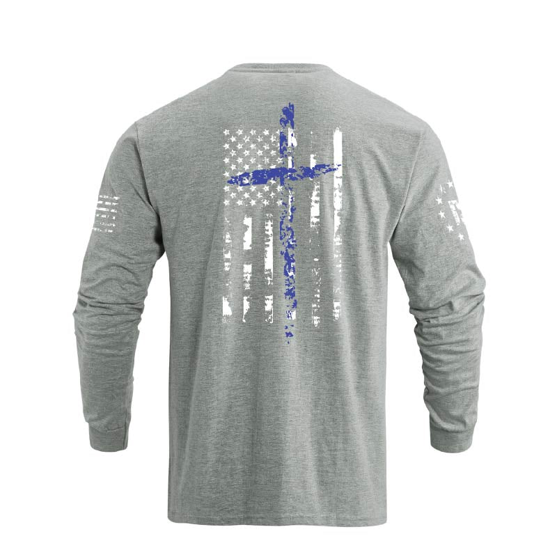 Men's 100% Cotton American Flag Cross Overlay Long Sleeve T-Shirts