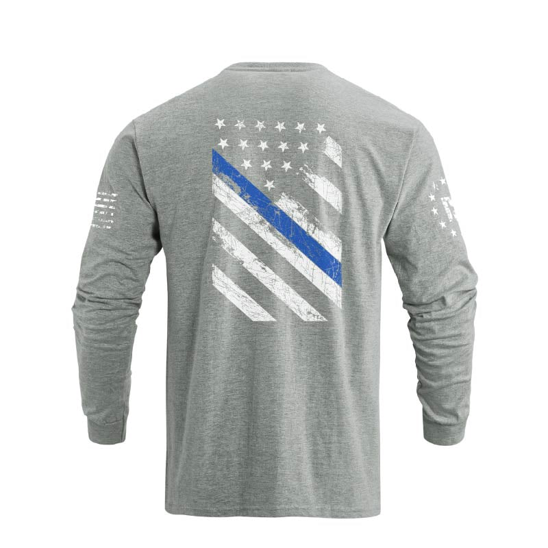 Men's 100% Cotton Blue Line American Flag Graphic Round Neck Long Sleeve T-Shirts