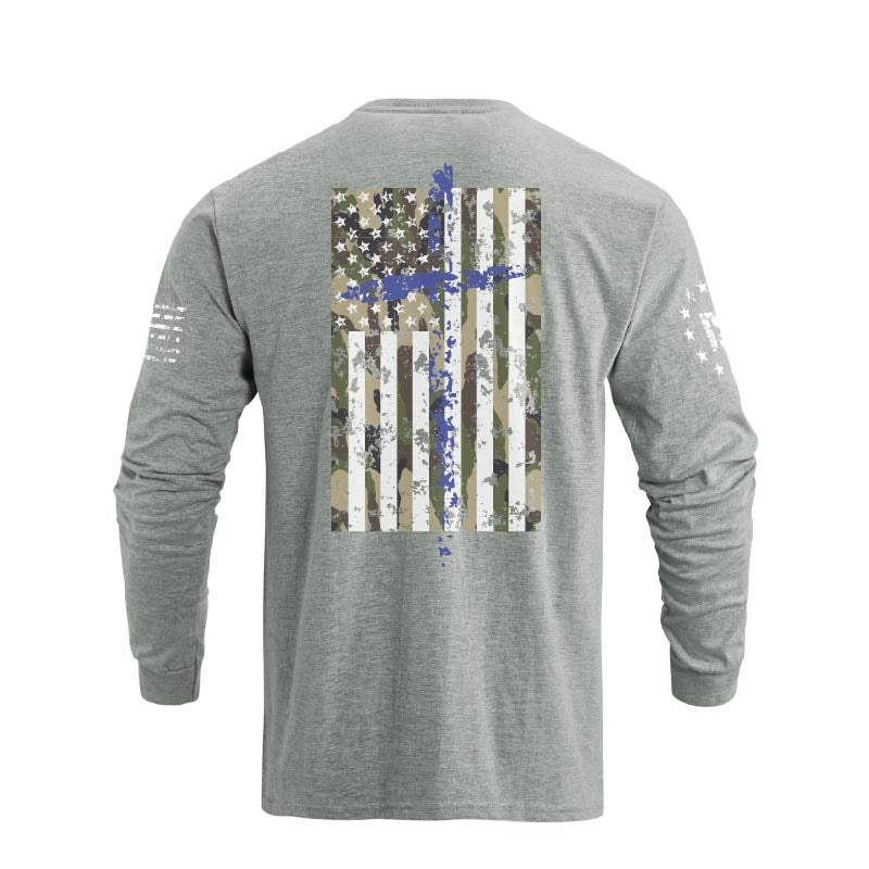 Men's 100% Cotton Patriotic American Flag Camouflage Cross Graphic Midweight Long Sleeve T-shirts