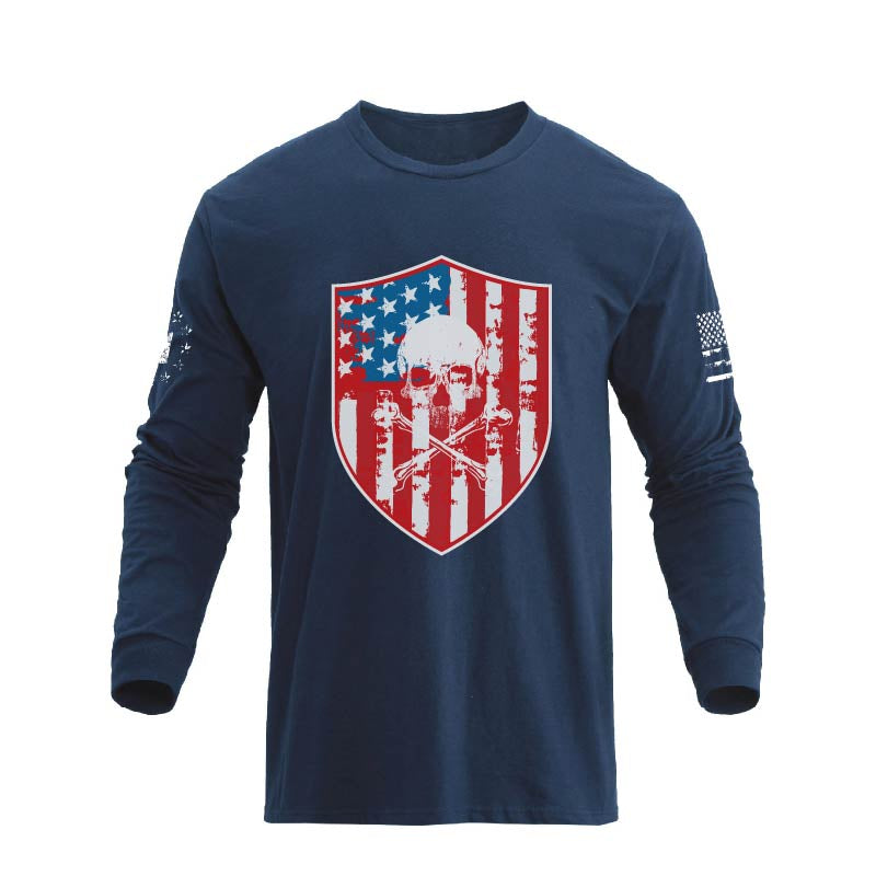 Men's American Flag Shield with Skull Long Sleeve Graphic T-Shirt