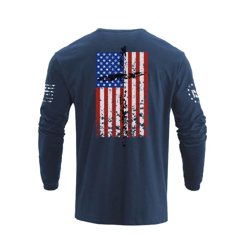 Men's 100% Cotton Patriotic American Flag Cross Graphic Midweight Long Sleeve T-shirts